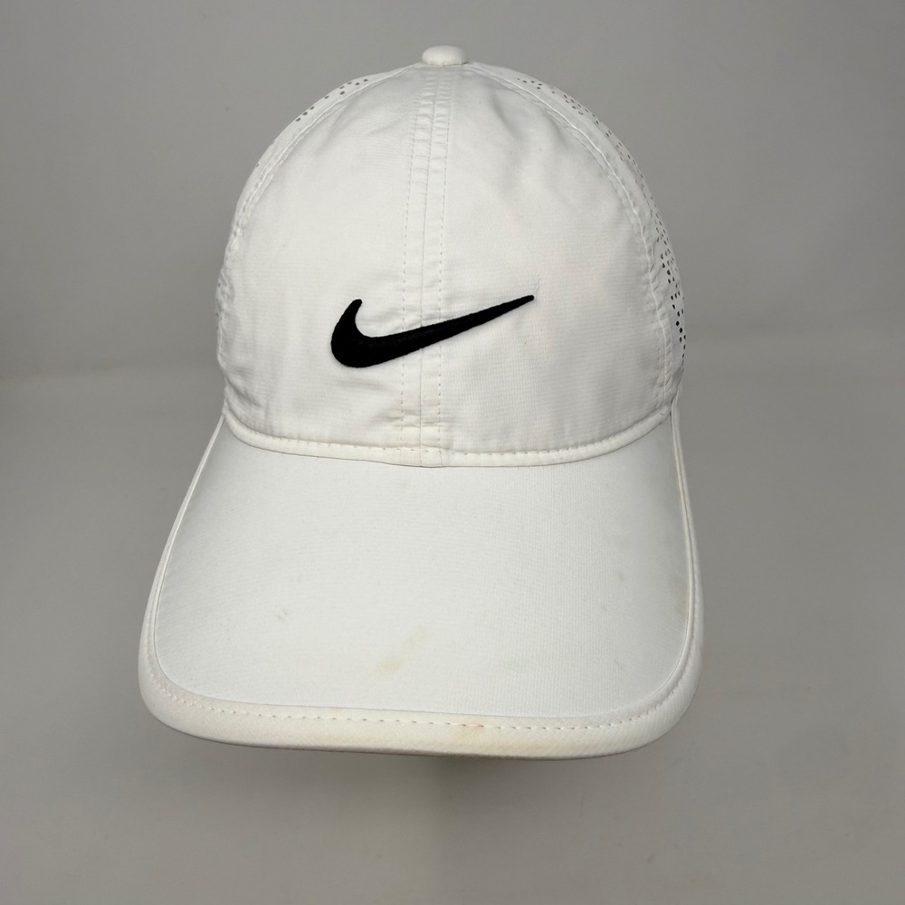 Distressed Nike Golf Hat White Perforated Performance Adjustable Cap Swoosh Logo